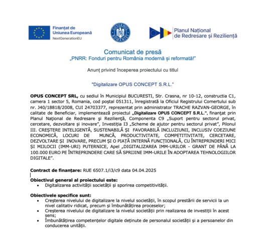 Comunicat de Presa PNRR : Digitalizare OPUS CONCEPT S.R.L.